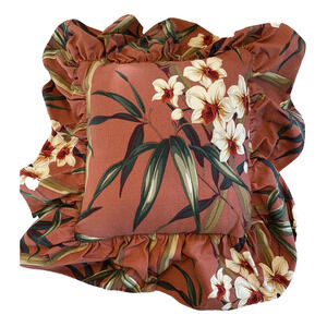MCM Barkcloth Throw Pillow Decor Tropical White Orchid Design Billowy Fringe